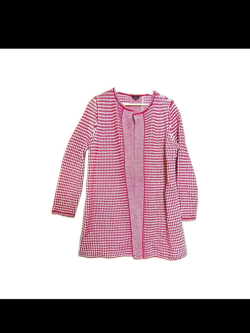 Talbots 100% Merino Wool Knit Cardigan Sweater Crew Neck Geo Red White L